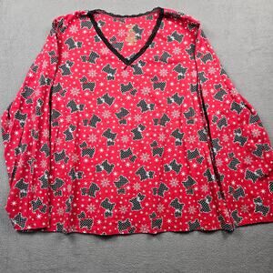 Dog Print Pajama Top Shirt Long Sleeve Red Scottish Terrier Size 2X Snowflake